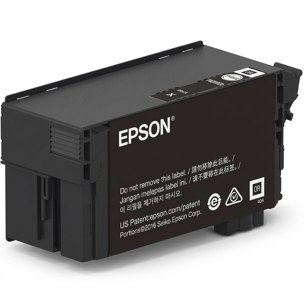 This is a studio product photograph of a black Epson T40W120 ink cartridge. It is centered on a pure white background with a soft shadow, angled to show the left side and top label. The cartridge is made of black plastic with details and labels as shown in the reference image.