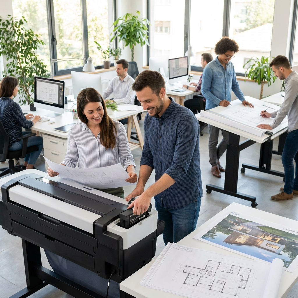 A man and woman in a busy design office, smiling as they install the Epson T40W120 ink cartridge into a large-format printer.