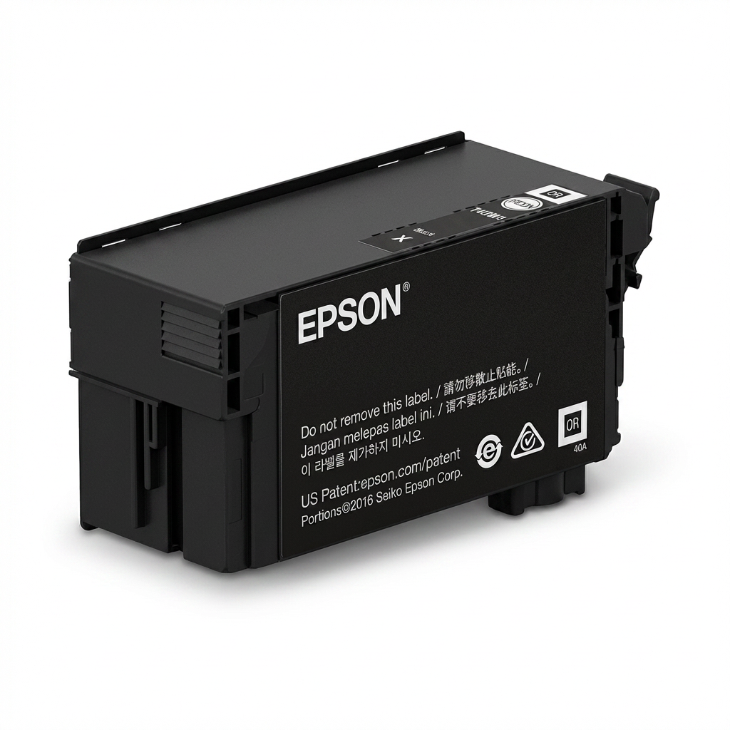 A photorealistic studio shot of the black Epson T40W120 cartridge, angled to show the right side on a white background.